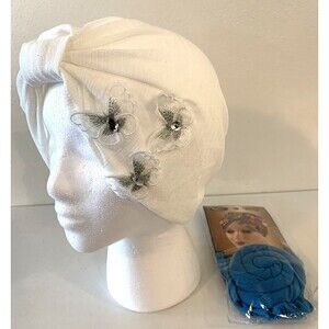 Lot of 2 Turbban Hats 1 Blue with Bow 1 White W/Emboirdered Butterflies New